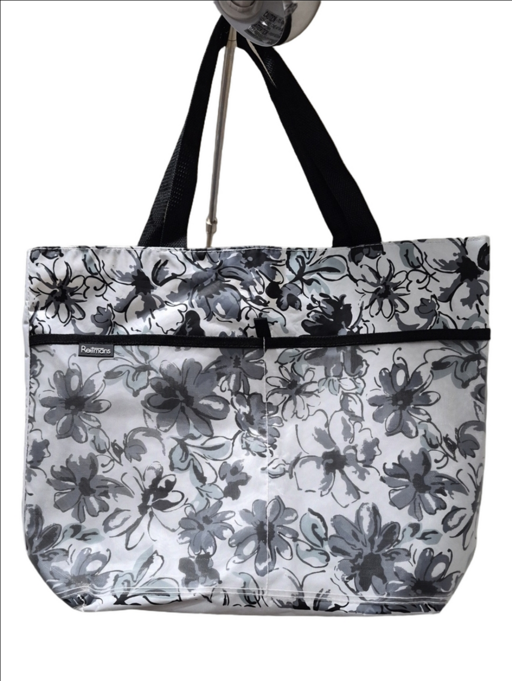Reitmans Floral Canvas Tote Bag – Black, Grey, & White Pattern with Front Pocks